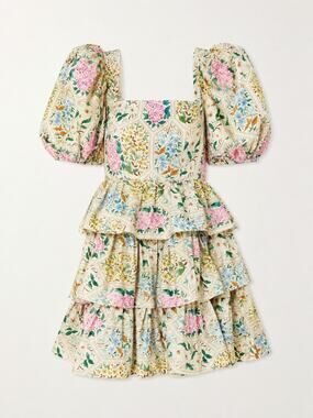 Hunter Bell Porter Dress Floral Tile Puff Sleeve Tiered Mini Size 6